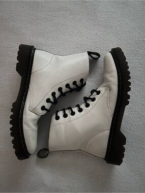 Dr. Martens White Leather Lace-Up Combat Boots with Black Soles